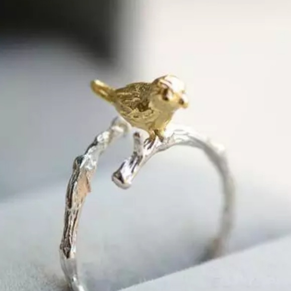 .925 Sterling Silver bird Open Ring Coctail Jewelry - .925 Sterling Silver Bird on a Branch Coctail Ring